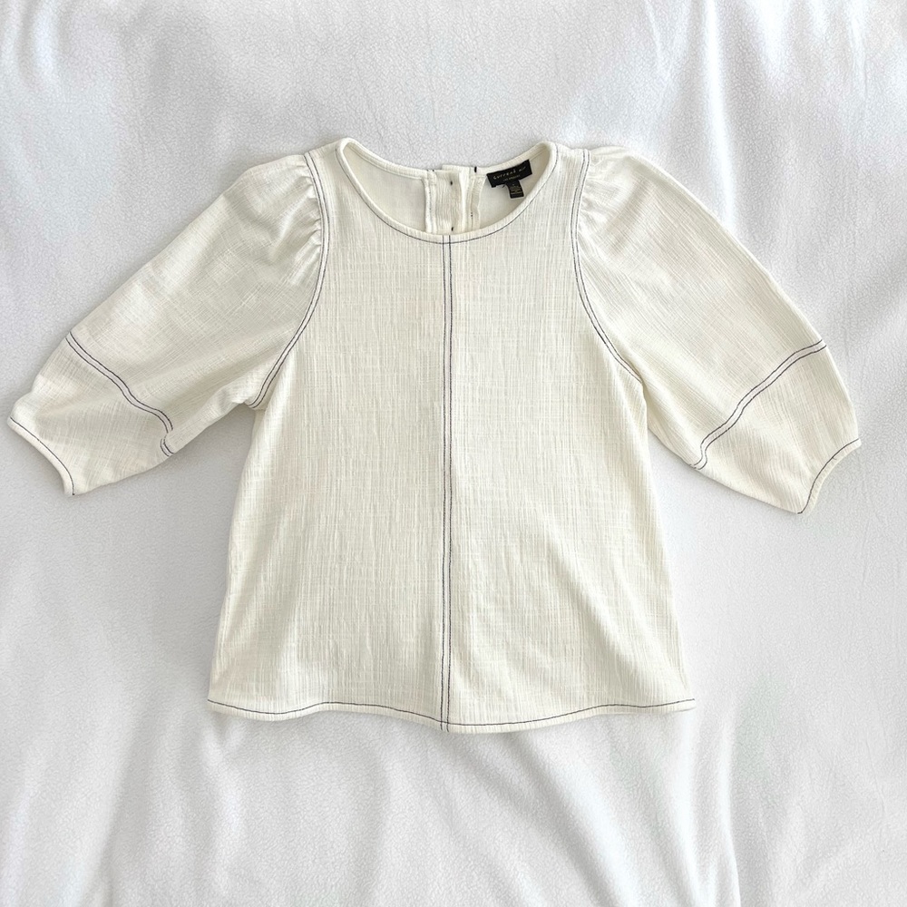 Anthropologie Current Air Cream Textured Peasant Puff Sleeve Top